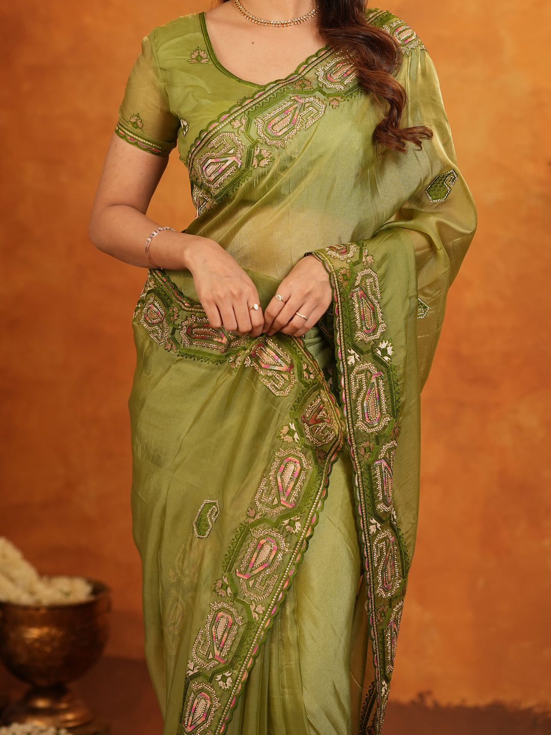 Olive Green Fendy Satin Embroidered Saree with Geometric Border & Elegant Designer Pallu | Festive & Wedding Wear Saree with Blouse