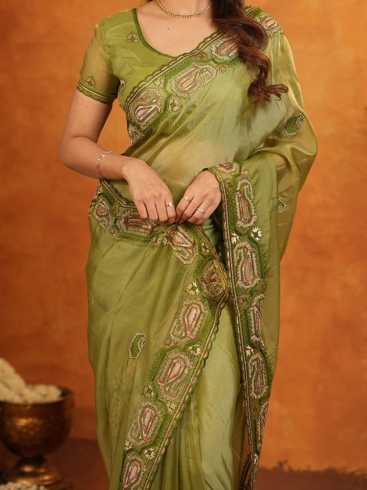 Olive Green Fendy Satin Embroidered Saree with Geometric Border & Elegant Designer Pallu | Festive & Wedding Wear Saree with Blouse
