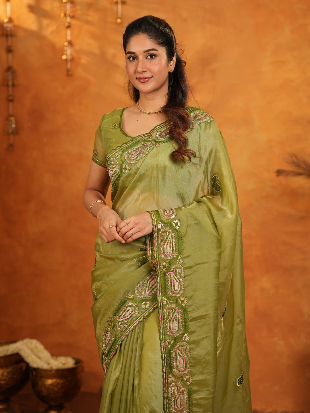 Olive Green Fendy Satin Embroidered Saree with Geometric Border & Elegant Designer Pallu | Festive & Wedding Wear Saree with Blouse