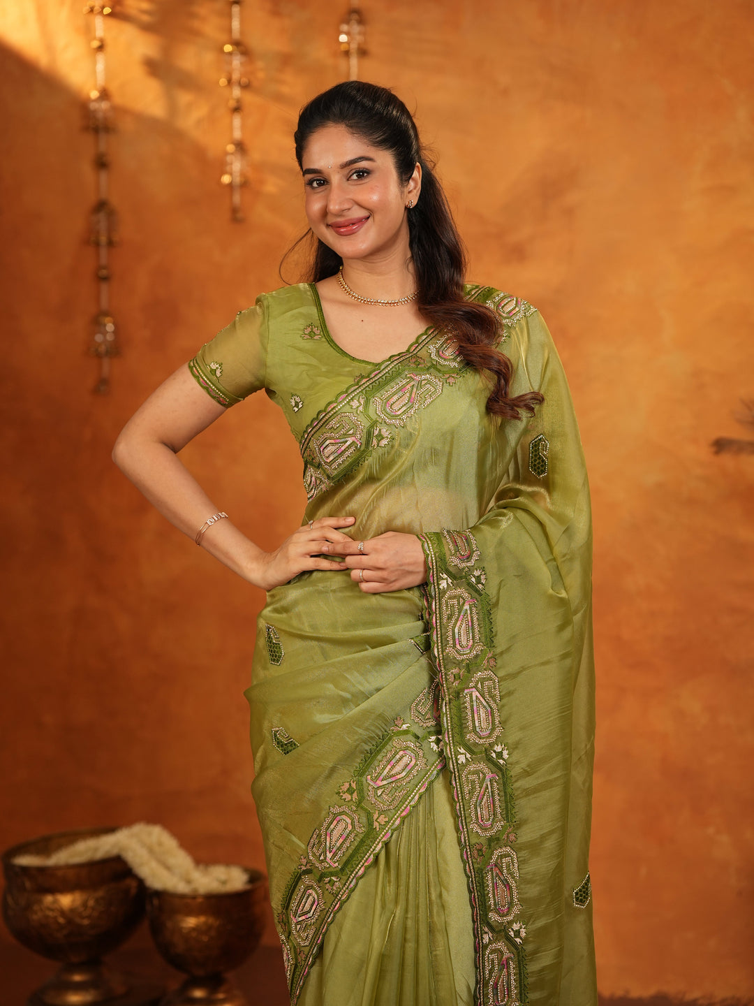 Olive Green Fendy Satin Embroidered Saree with Geometric Border & Elegant Designer Pallu | Festive & Wedding Wear Saree with Blouse
