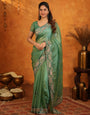 Sage Green Fendy Satin Embroidered Saree with Geometric Border & Designer Pallu | Elegant Festive & Wedding Wear Saree with Blouse
