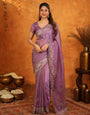 Lavender Purple Fendy Satin Embroidered Saree with Geometric Border & Elegant Designer Pallu | Festive & Wedding Wear Saree with Blouse