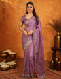 Lavender Purple Fendy Satin Embroidered Saree with Geometric Border & Elegant Designer Pallu | Festive & Wedding Wear Saree with Blouse