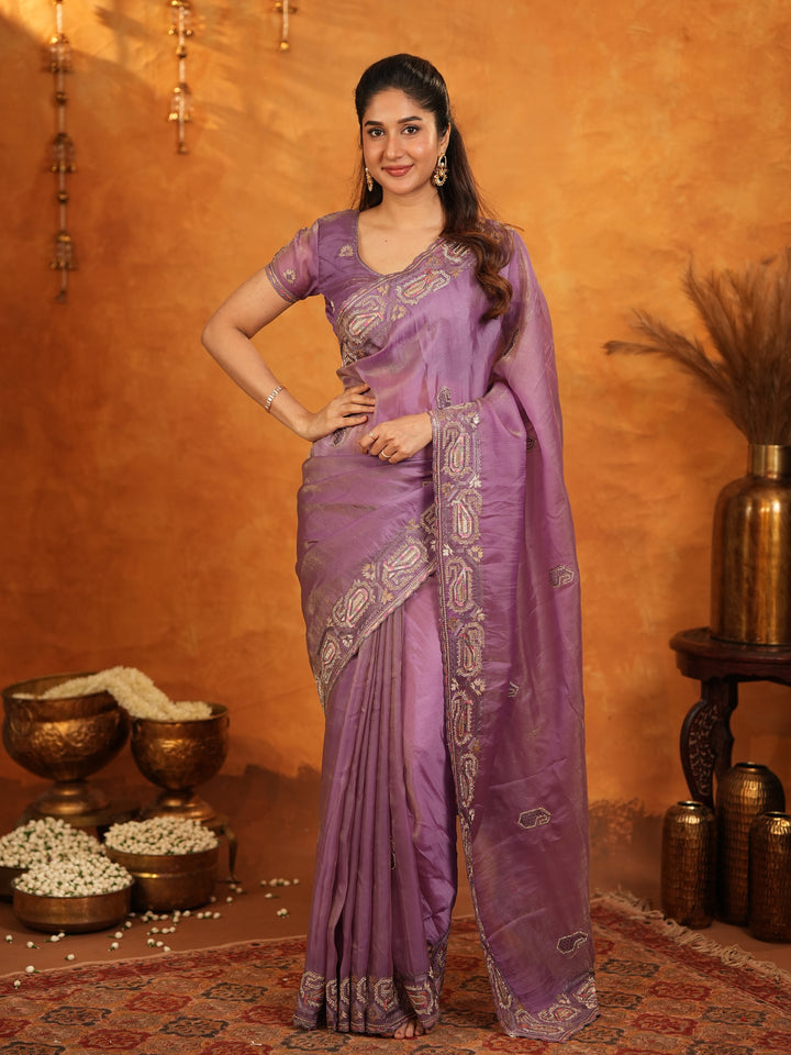 Lavender Purple Fendy Satin Embroidered Saree with Geometric Border & Elegant Designer Pallu | Festive & Wedding Wear Saree with Blouse