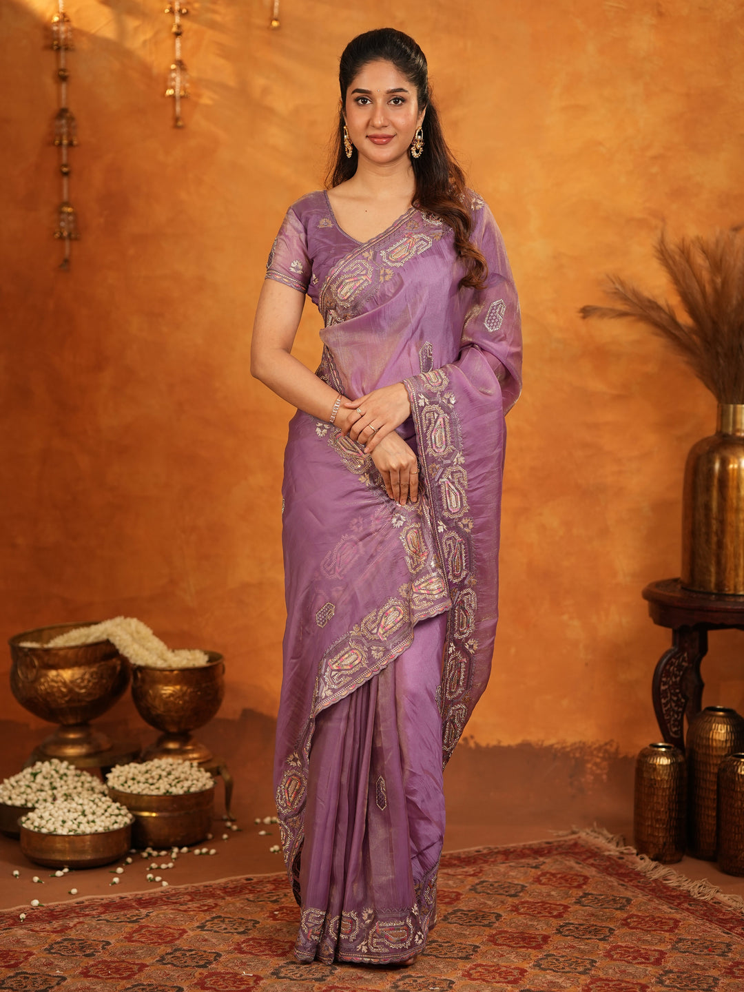 Lavender Purple Fendy Satin Embroidered Saree with Geometric Border & Elegant Designer Pallu | Festive & Wedding Wear Saree with Blouse
