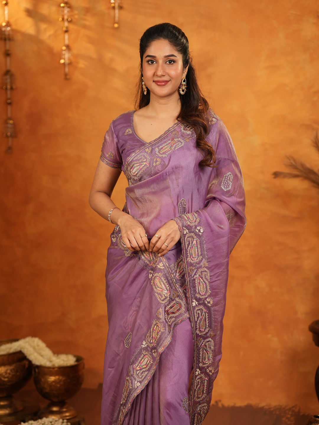 Lavender Purple Fendy Satin Embroidered Saree with Geometric Border & Elegant Designer Pallu | Festive & Wedding Wear Saree with Blouse
