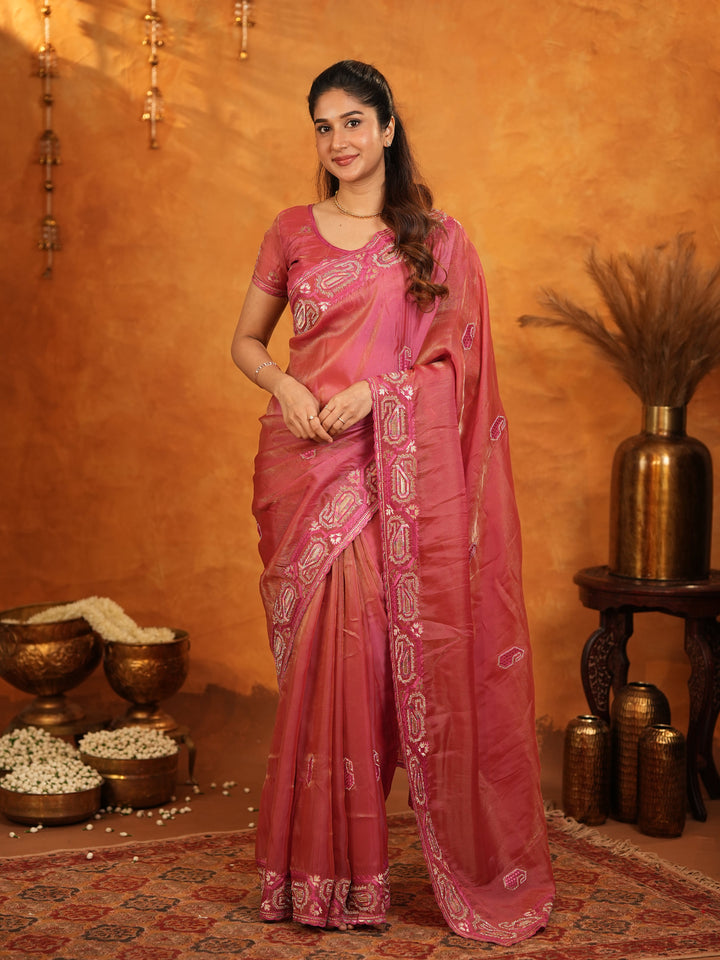 Rose Pink Fendy Satin Embroidered Saree with Geometric Border & Elegant Designer Pallu | Festive & Wedding Wear Saree with Blouse
