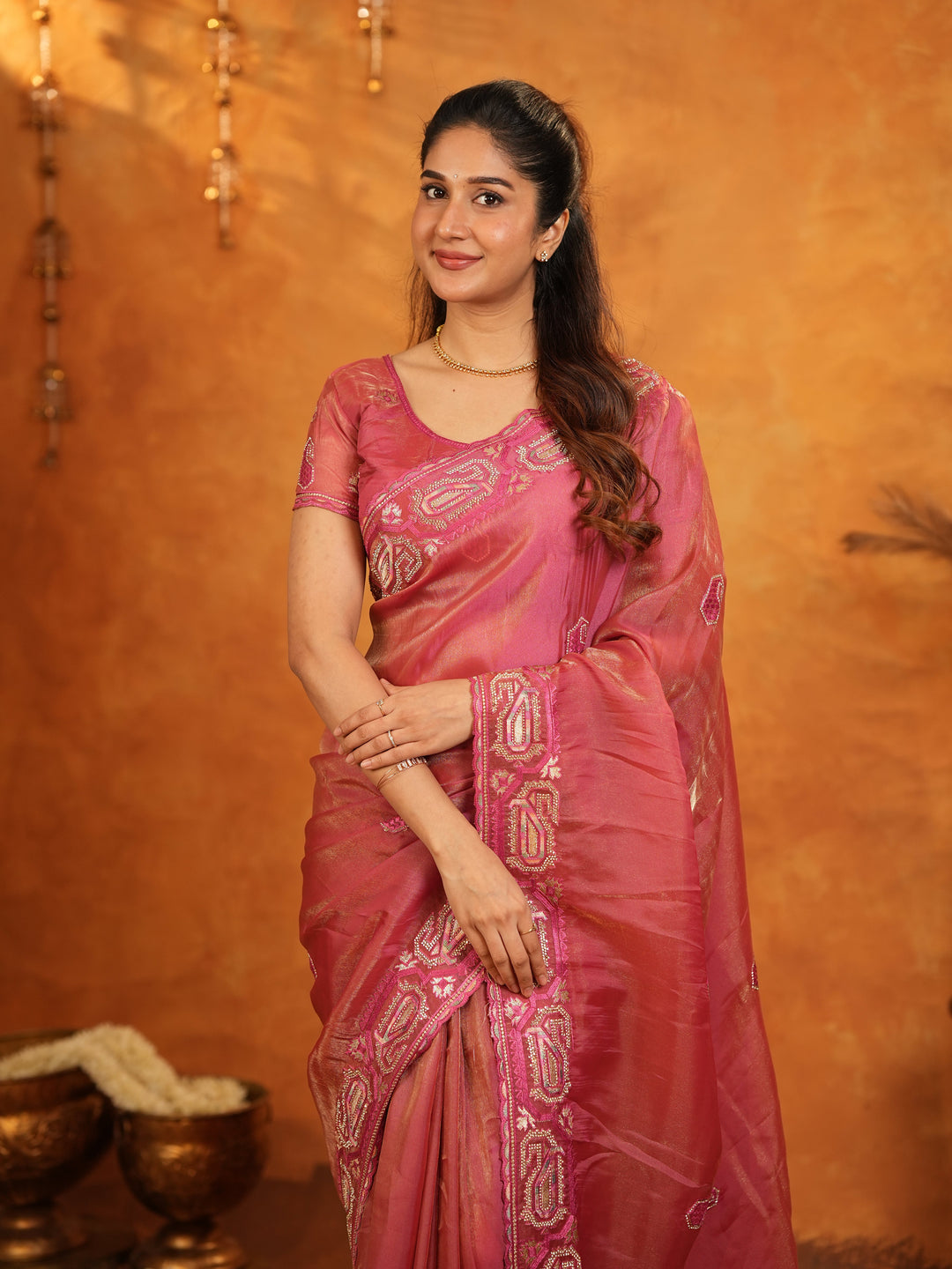 Rose Pink Fendy Satin Embroidered Saree with Geometric Border & Elegant Designer Pallu | Festive & Wedding Wear Saree with Blouse