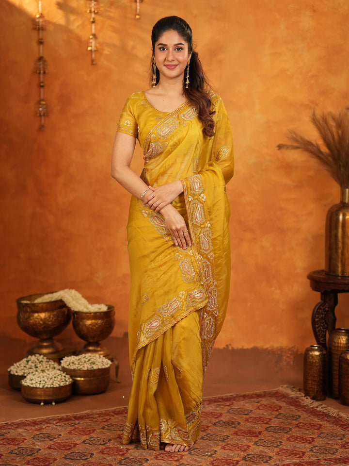 Mustard Yellow Fendy Satin Embroidered Saree with Geometric Border & Rich Designer Pallu | Festive Wedding Wear Saree with Blouse