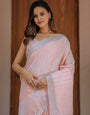 Soft Baby Pink Handloom Mul Cotton Saree with Silver Border & Tassel Detailing