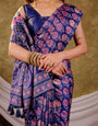 Royal Blue Pure Chinnon Ajrakh Printed Saree with Tassel Edges, Traditional Floral Print & Matching Blouse Piece