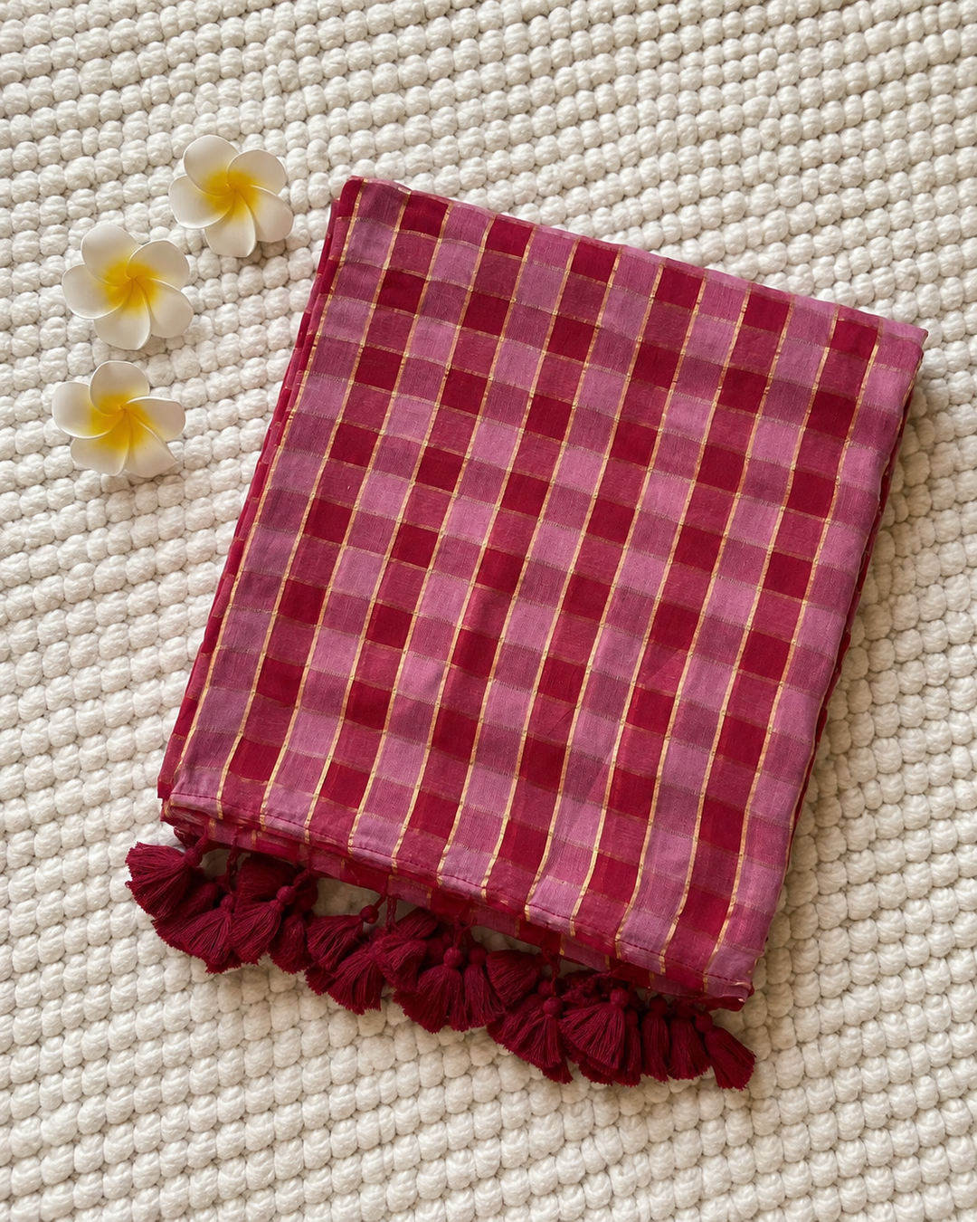 Rani Pink & Maroon Madras Checkered Mul Cotton Saree with Gold Zari Lines, Tassels & Blouse Piece