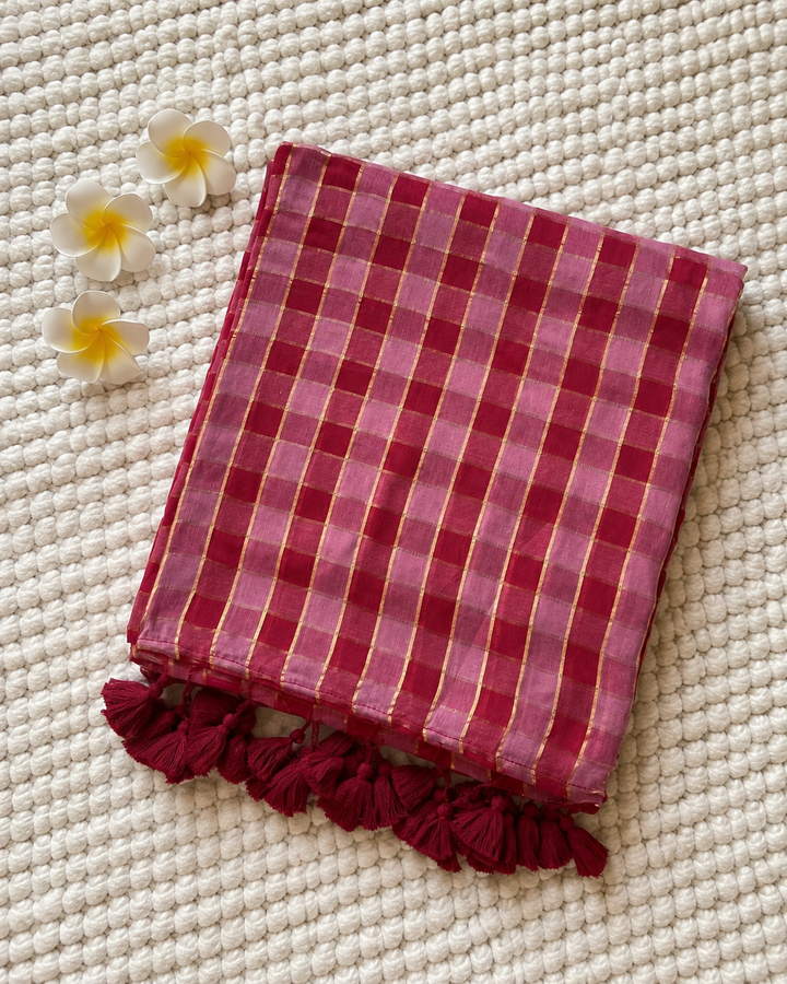 Rani Pink & Maroon Madras Checkered Mul Cotton Saree with Gold Zari Lines, Tassels & Blouse Piece