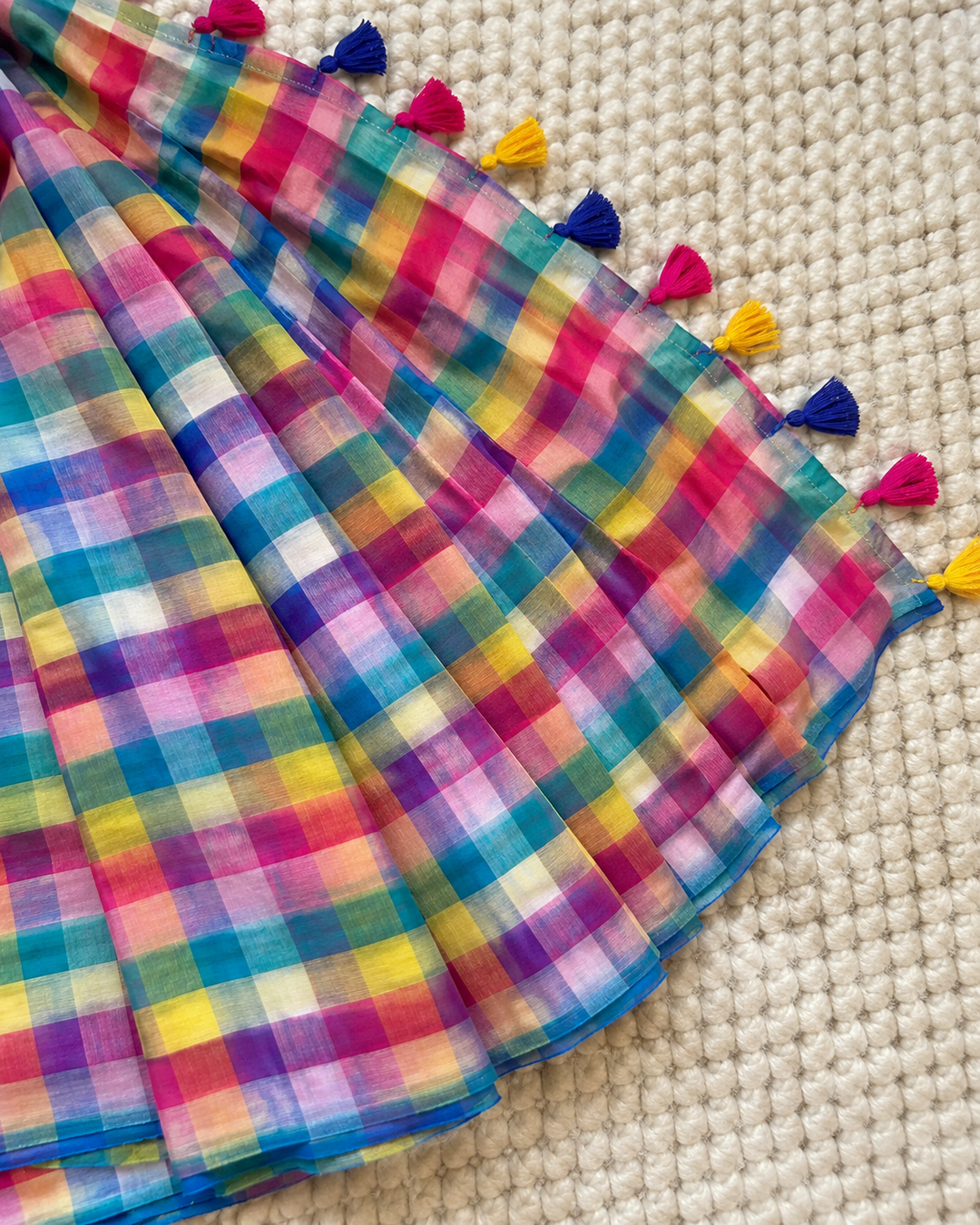 Multicolour Madras Checkered Mul Cotton Saree with Colourful Tassels & Attached Blouse Piece