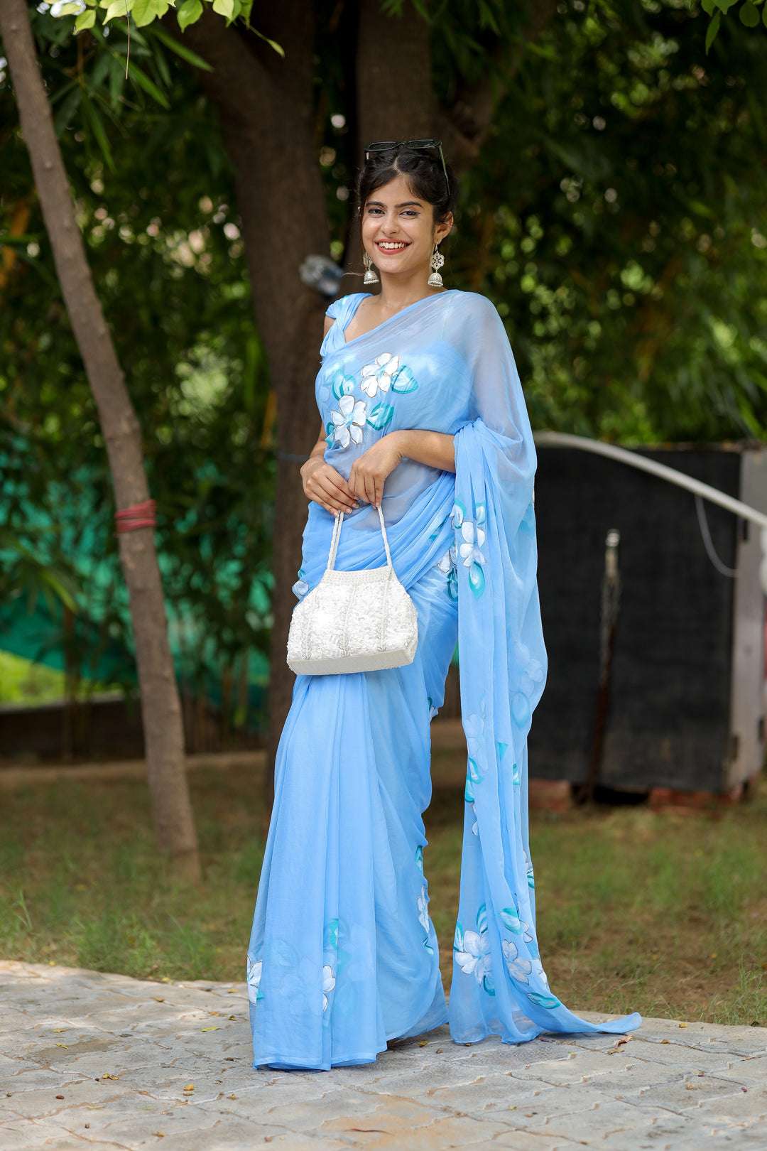 Sky Blue Chiffon Saree with Hand-Painted White Floral Design | Lightweight Designer Saree with Blouse Piece