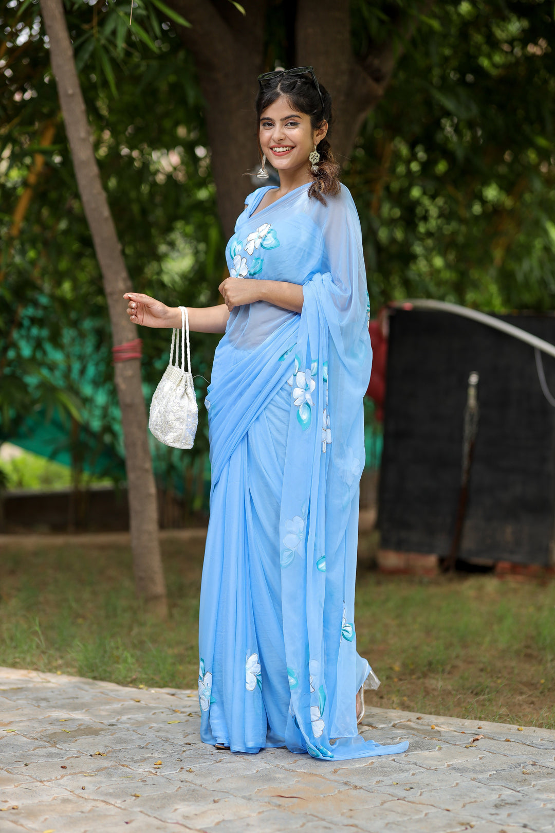 Sky Blue Chiffon Saree with Hand-Painted White Floral Design | Lightweight Designer Saree with Blouse Piece