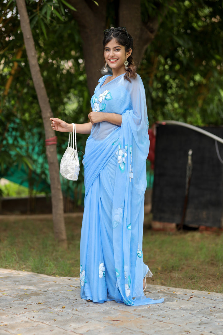 Sky Blue Chiffon Saree with Hand-Painted White Floral Design | Lightweight Designer Saree with Blouse Piece