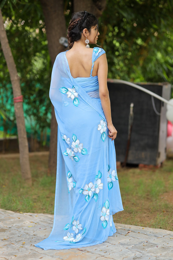 Sky Blue Chiffon Saree with Hand-Painted White Floral Design | Lightweight Designer Saree with Blouse Piece