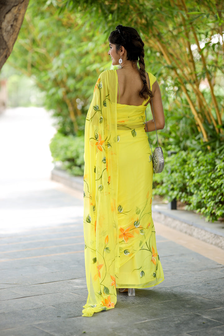 Lemon Yellow Chiffon Saree with Hand-Painted Orange Floral Design | Lightweight Designer Saree with Blouse Piece
