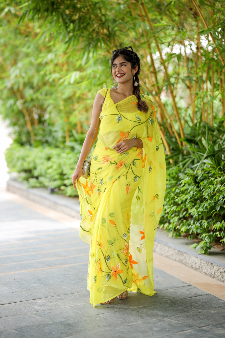 Lemon Yellow Chiffon Saree with Hand-Painted Orange Floral Design | Lightweight Designer Saree with Blouse Piece
