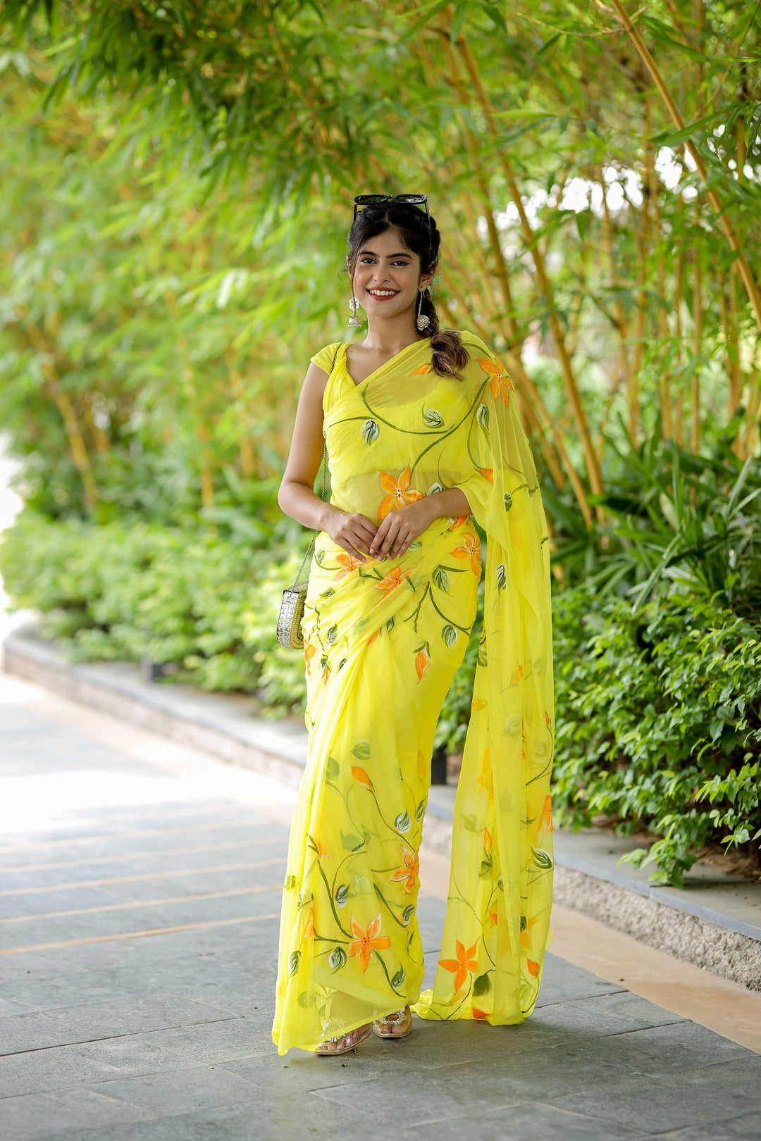 Lemon Yellow Chiffon Saree with Hand-Painted Orange Floral Design | Lightweight Designer Saree with Blouse Piece