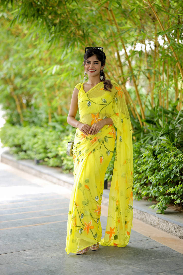 Lemon Yellow Chiffon Saree with Hand-Painted Orange Floral Design | Lightweight Designer Saree with Blouse Piece