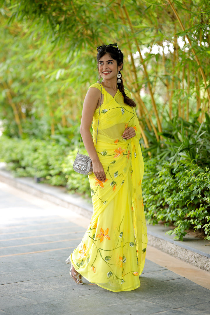 Lemon Yellow Chiffon Saree with Hand-Painted Orange Floral Design | Lightweight Designer Saree with Blouse Piece
