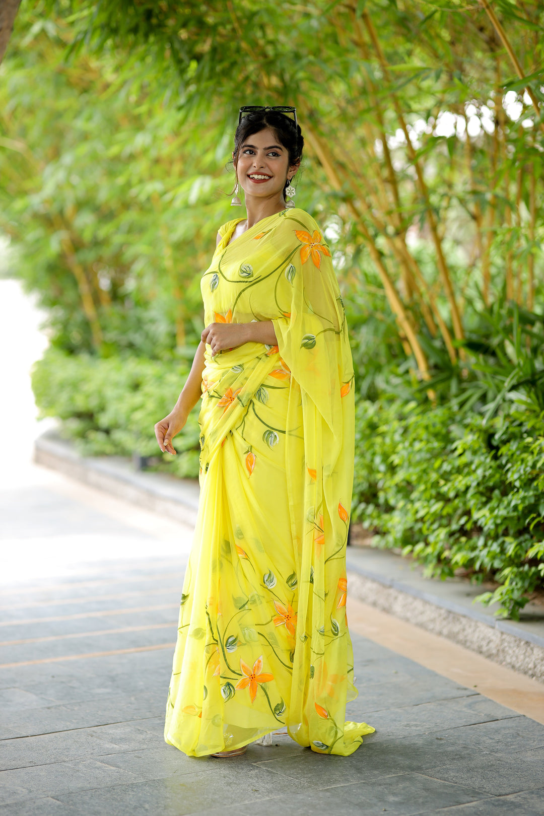Lemon Yellow Chiffon Saree with Hand-Painted Orange Floral Design | Lightweight Designer Saree with Blouse Piece