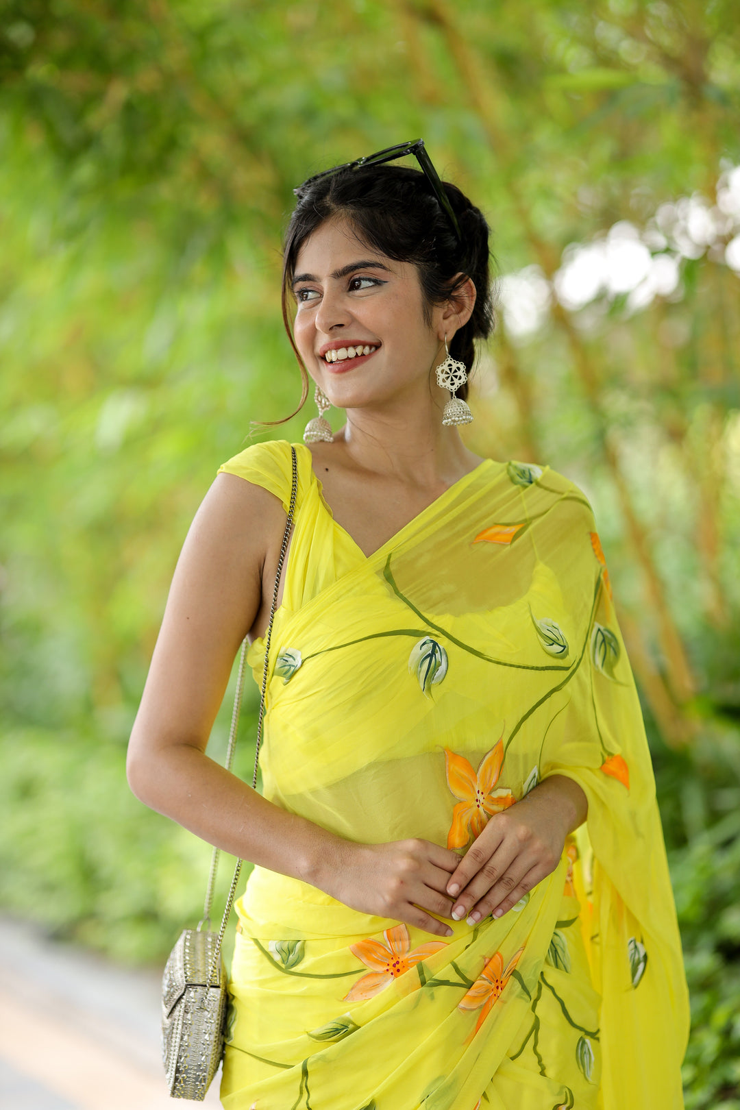 Lemon Yellow Chiffon Saree with Hand-Painted Orange Floral Design | Lightweight Designer Saree with Blouse Piece