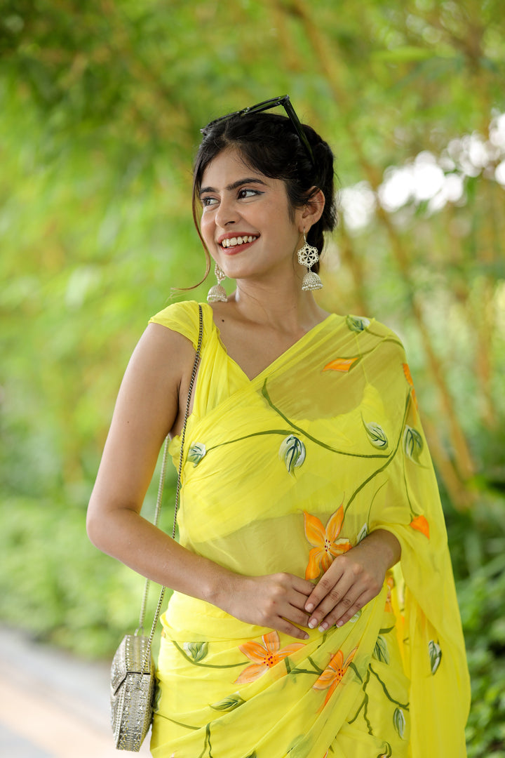 Lemon Yellow Chiffon Saree with Hand-Painted Orange Floral Design | Lightweight Designer Saree with Blouse Piece