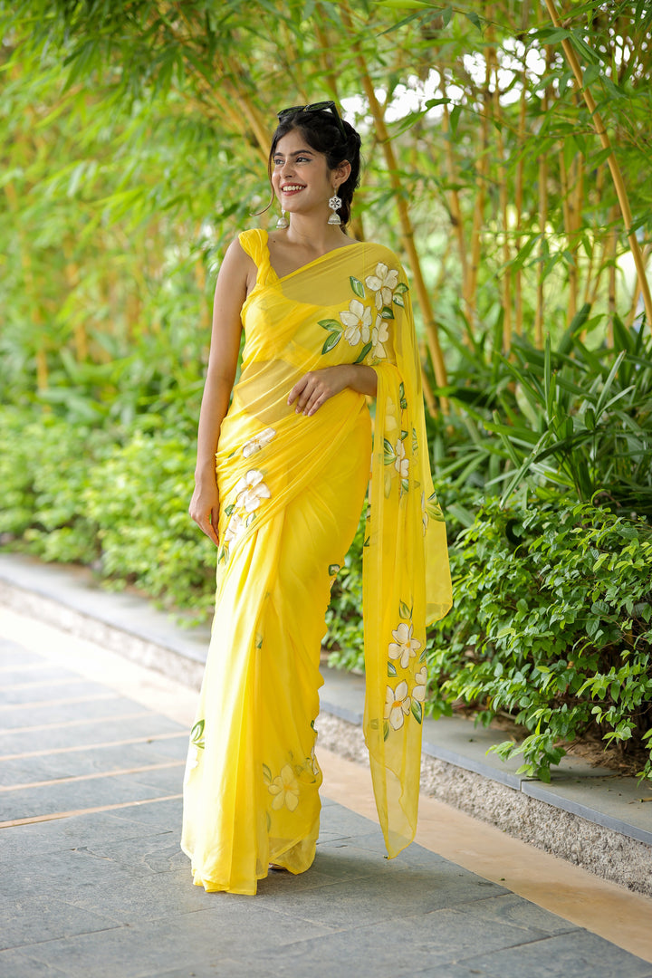 Sunshine Yellow Chiffon Saree with White Floral Design | Lightweight Designer Saree with Blouse Piece