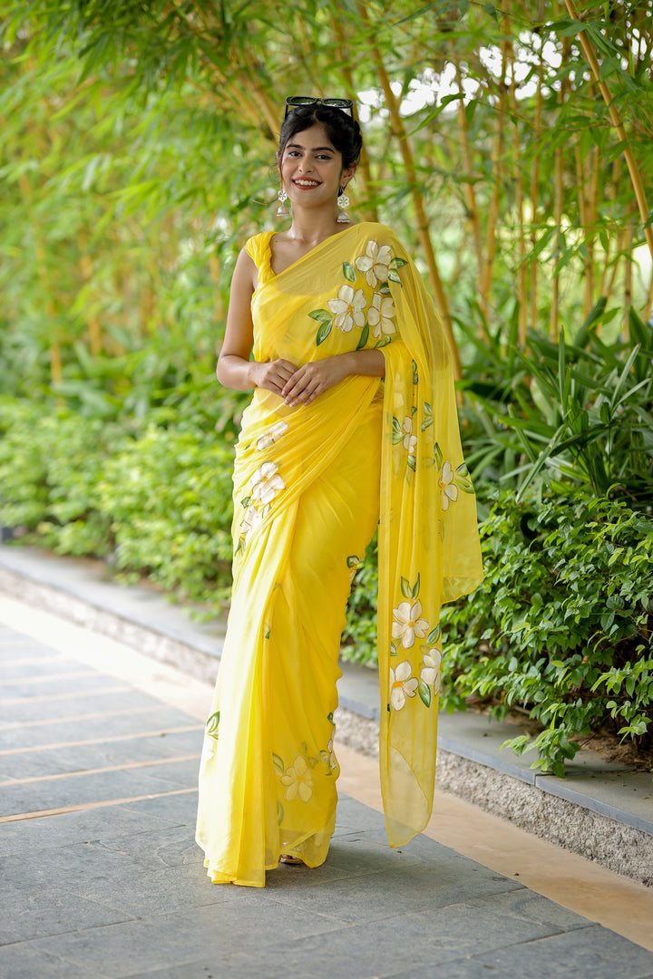 Sunshine Yellow Chiffon Saree with White Floral Design | Lightweight Designer Saree with Blouse Piece