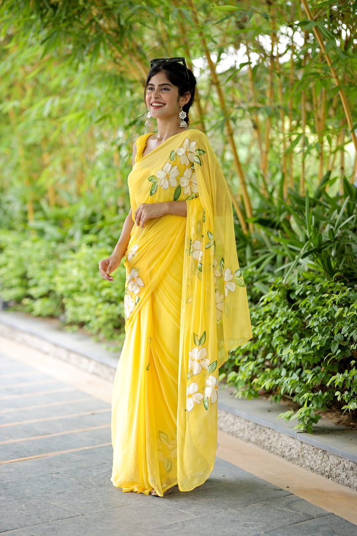 Sunshine Yellow Chiffon Saree with White Floral Design | Lightweight Designer Saree with Blouse Piece
