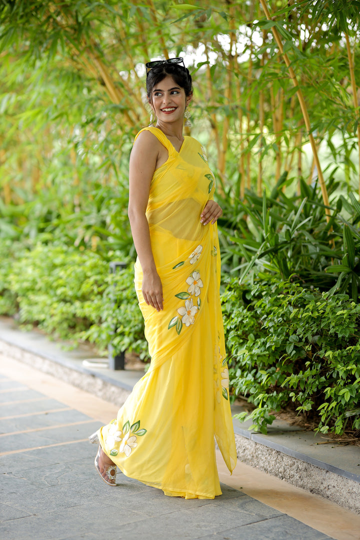 Sunshine Yellow Chiffon Saree with White Floral Design | Lightweight Designer Saree with Blouse Piece