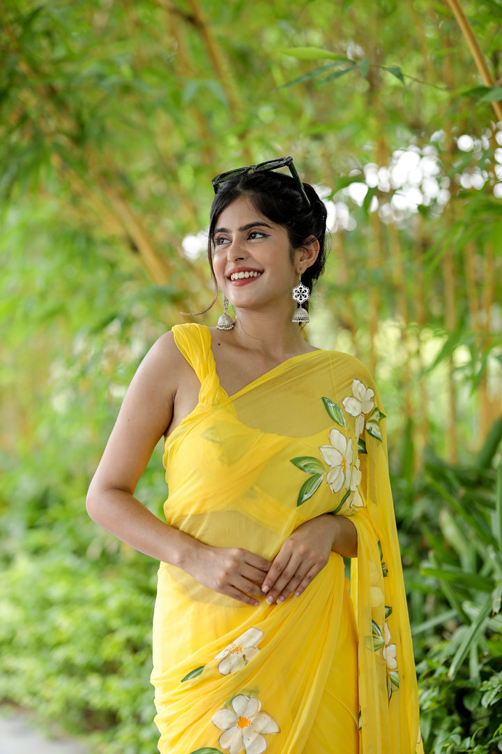 Sunshine Yellow Chiffon Saree with White Floral Design | Lightweight Designer Saree with Blouse Piece
