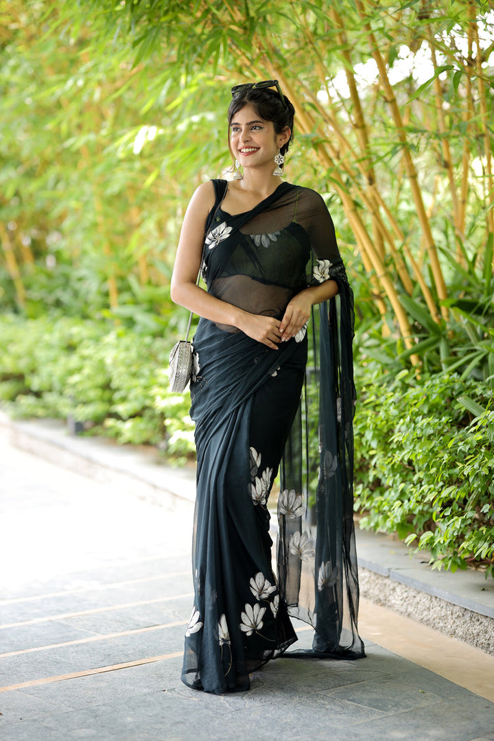 Black Chiffon Saree with Hand-Painted White Floral Design | Lightweight Designer Saree with Blouse Piece
