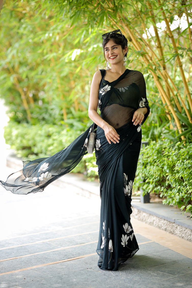 Black Chiffon Saree with Hand-Painted White Floral Design | Lightweight Designer Saree with Blouse Piece