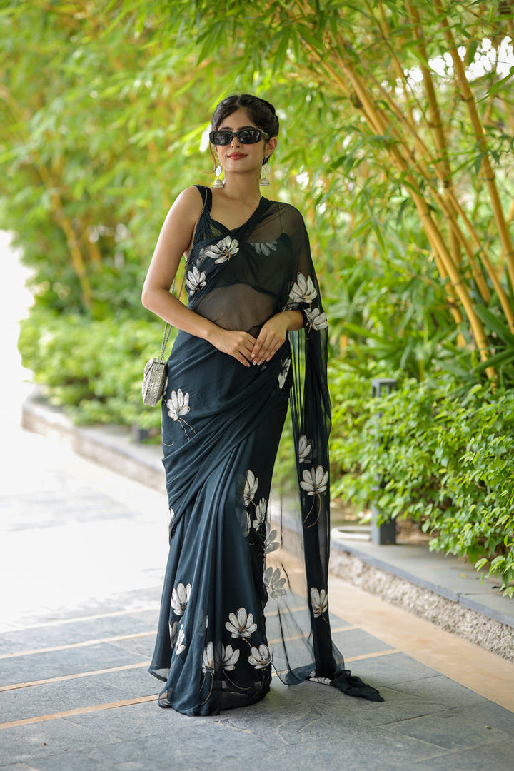 Black Chiffon Saree with Hand-Painted White Floral Design | Lightweight Designer Saree with Blouse Piece