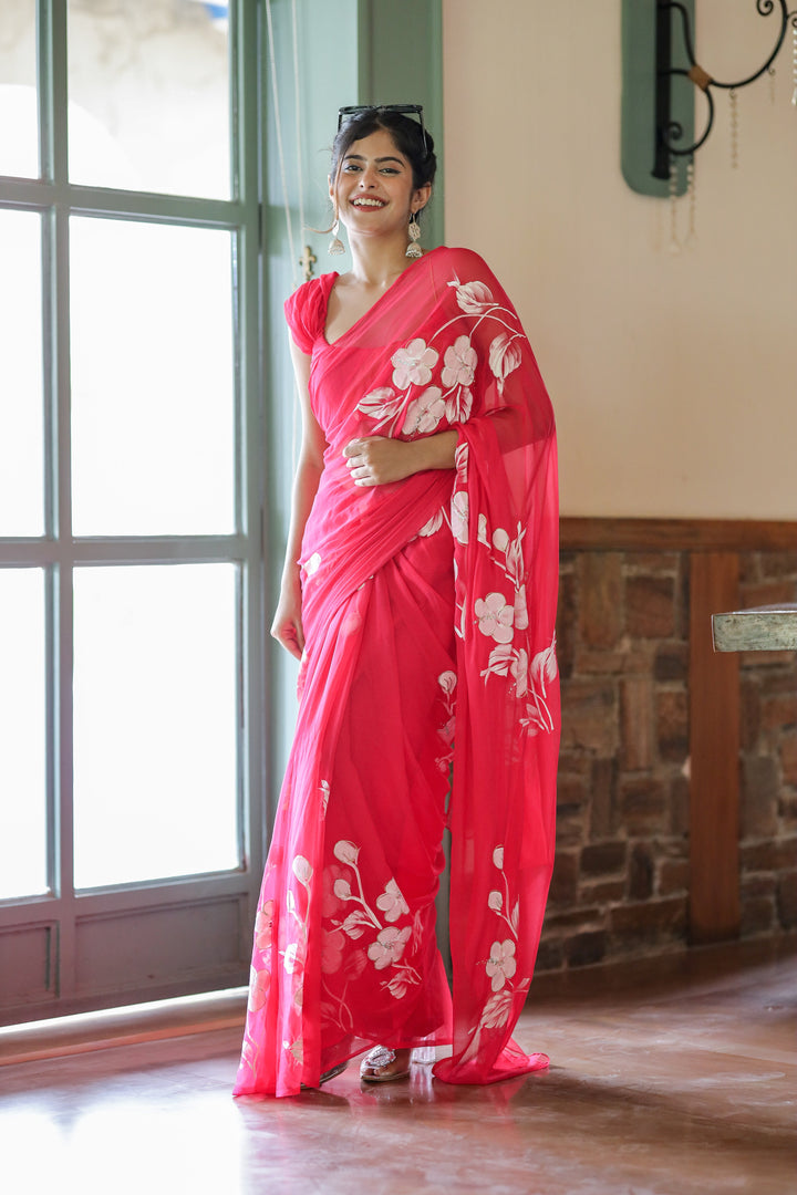 Hot Pink Chiffon Saree with Hand-Painted Floral Design | Lightweight Designer Saree with Blouse Piece