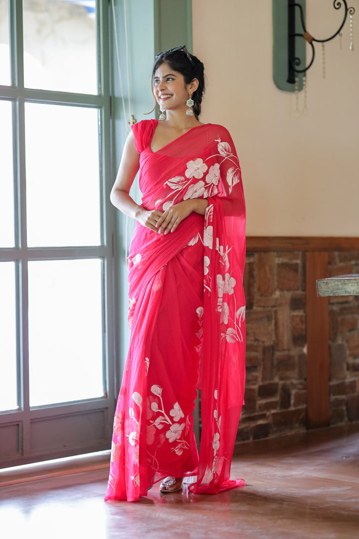 Hot Pink Chiffon Saree with Hand-Painted Floral Design | Lightweight Designer Saree with Blouse Piece
