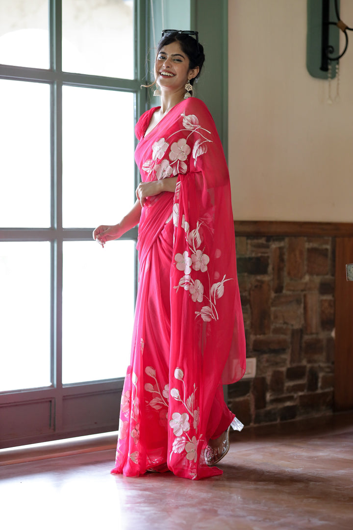 Hot Pink Chiffon Saree with Hand-Painted Floral Design | Lightweight Designer Saree with Blouse Piece