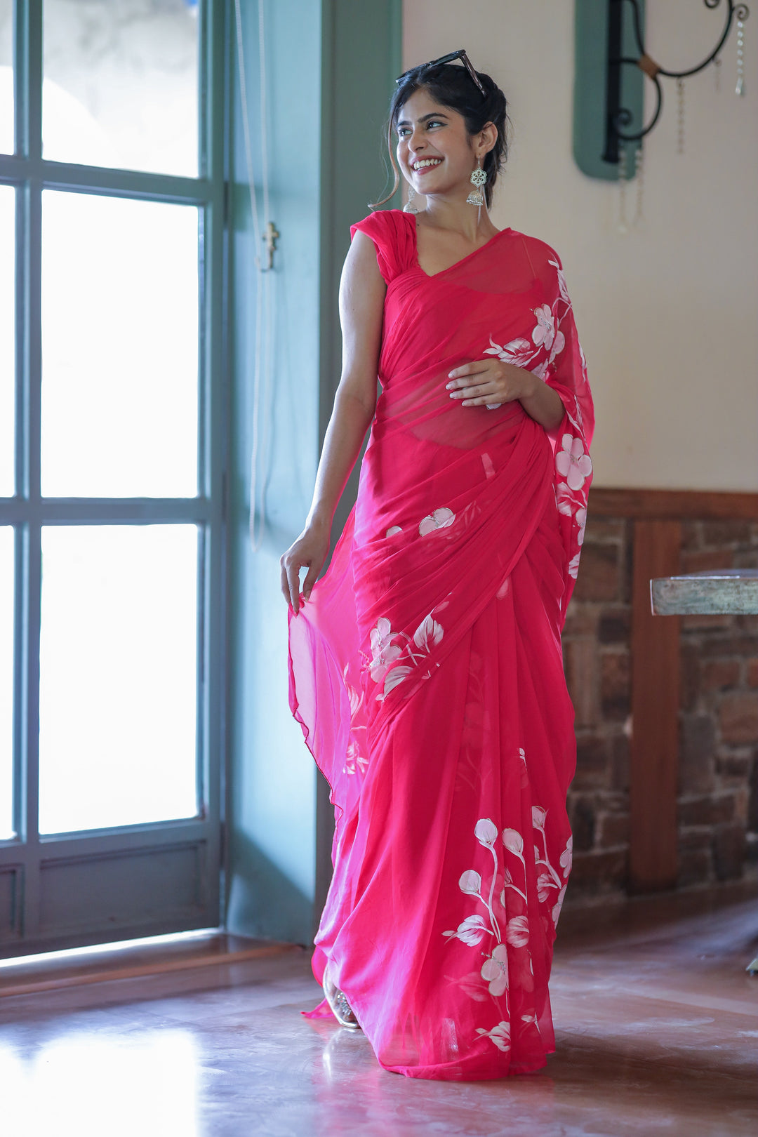 Hot Pink Chiffon Saree with Hand-Painted Floral Design | Lightweight Designer Saree with Blouse Piece