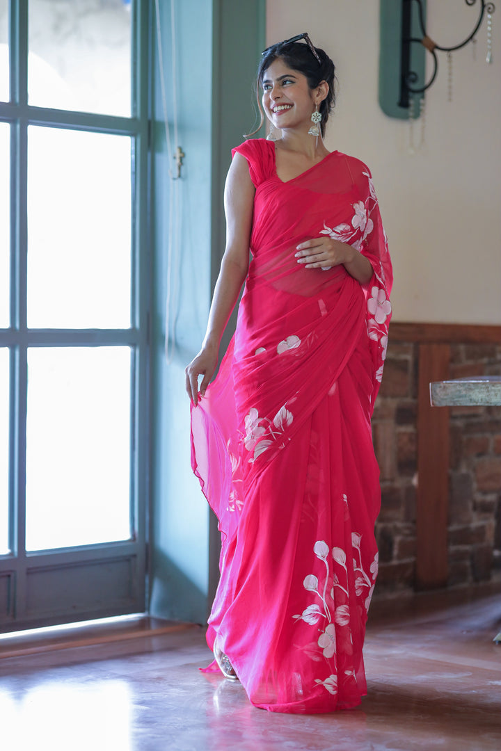 Hot Pink Chiffon Saree with Hand-Painted Floral Design | Lightweight Designer Saree with Blouse Piece