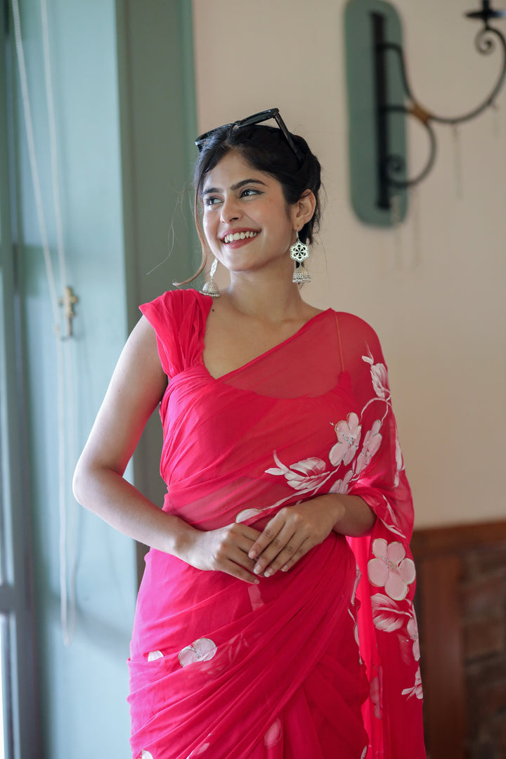 Hot Pink Chiffon Saree with Hand-Painted Floral Design | Lightweight Designer Saree with Blouse Piece