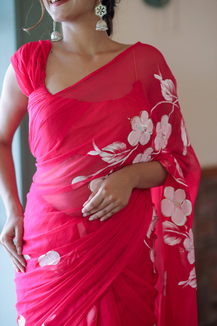 Hot Pink Chiffon Saree with Hand-Painted Floral Design | Lightweight Designer Saree with Blouse Piece