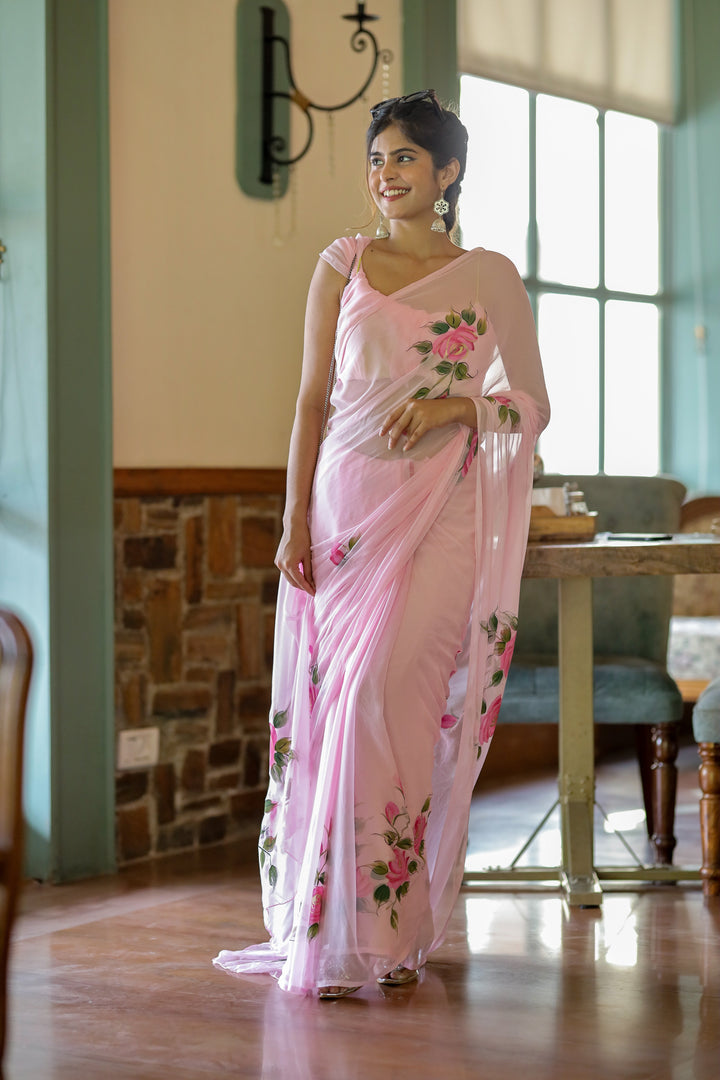 Blush Pink Chiffon Saree with Rose Floral Print | Lightweight Designer Saree with Blouse Piece