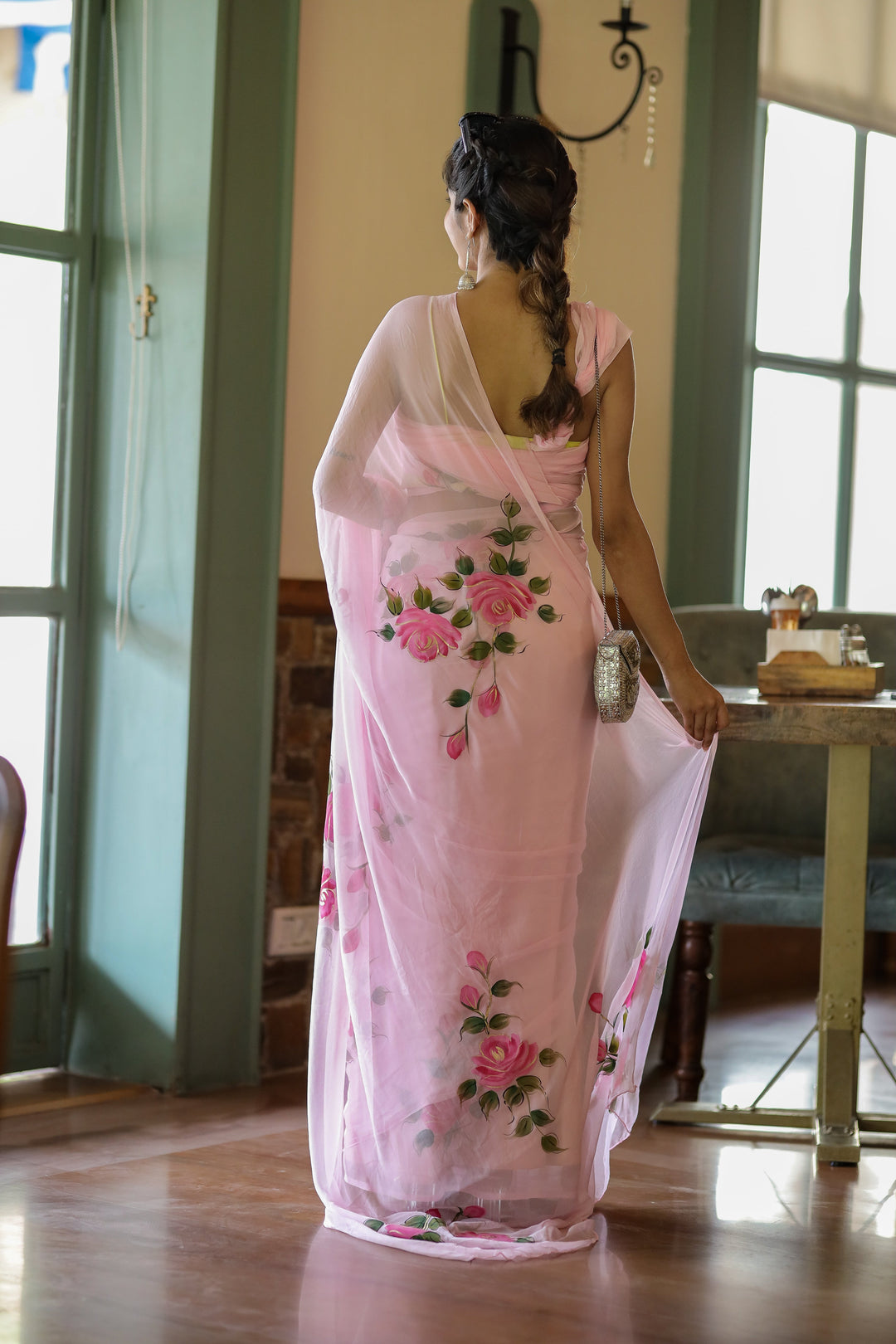 Blush Pink Chiffon Saree with Rose Floral Print | Lightweight Designer Saree with Blouse Piece