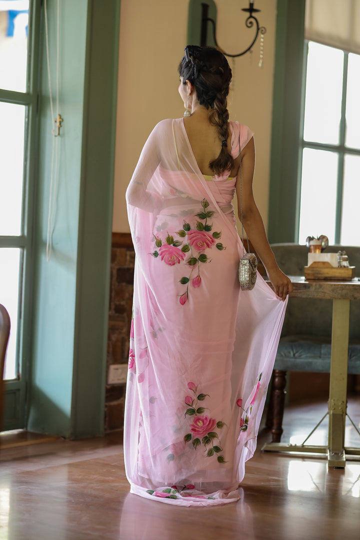 Blush Pink Chiffon Saree with Rose Floral Print | Lightweight Designer Saree with Blouse Piece