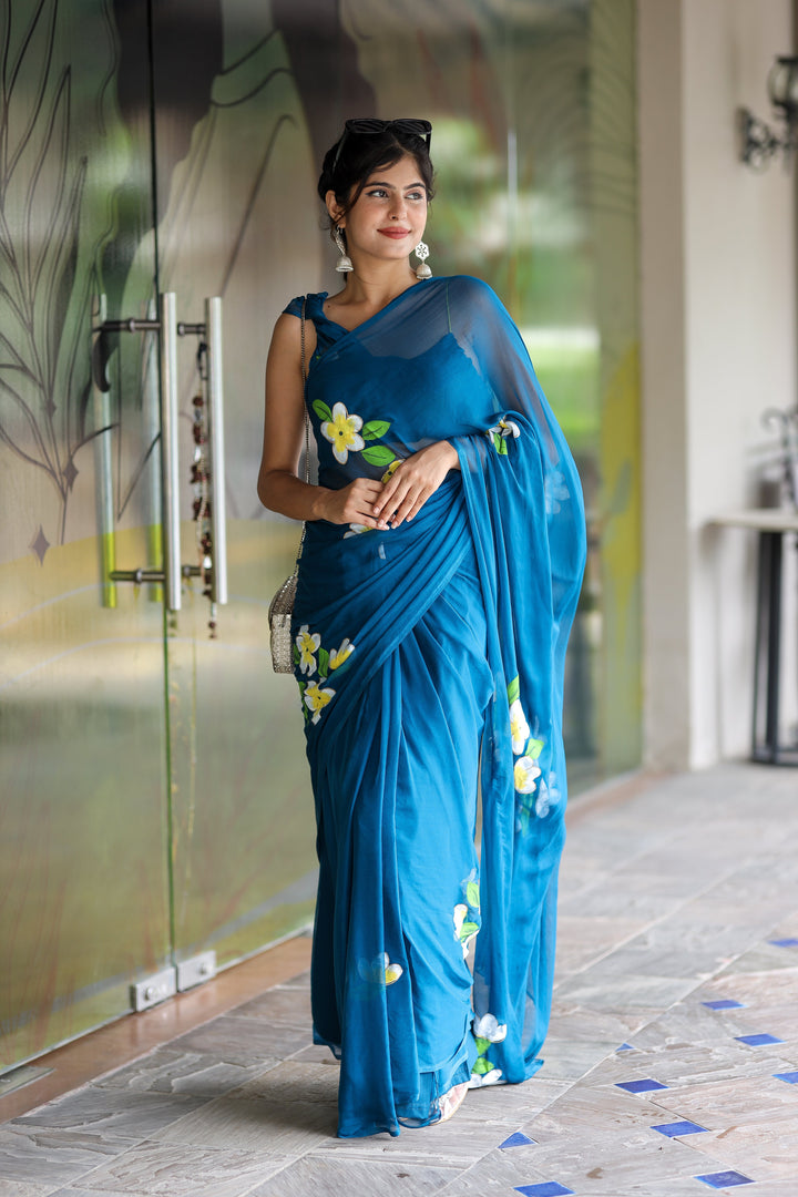 Teal Blue Chiffon Saree with White & Yellow Floral Print | Lightweight Designer Saree with Blouse Piece