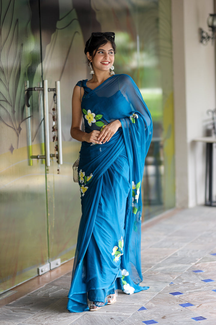 Teal Blue Chiffon Saree with White & Yellow Floral Print | Lightweight Designer Saree with Blouse Piece